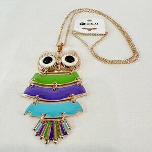New w Tags Articulated Owl Necklace Green Purple Blue Metallic Gold Colour 16"